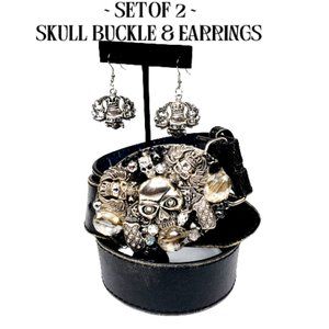 Gothic Skull Embellished Silver Handcrafted Buckle & Earring Srk. Crystals.